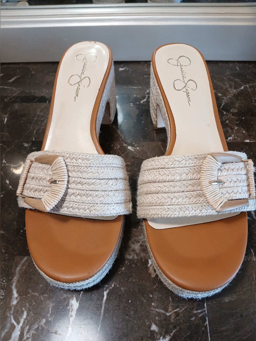 Jessica Simpson Cream Braided Buckle Platform Slide Mules